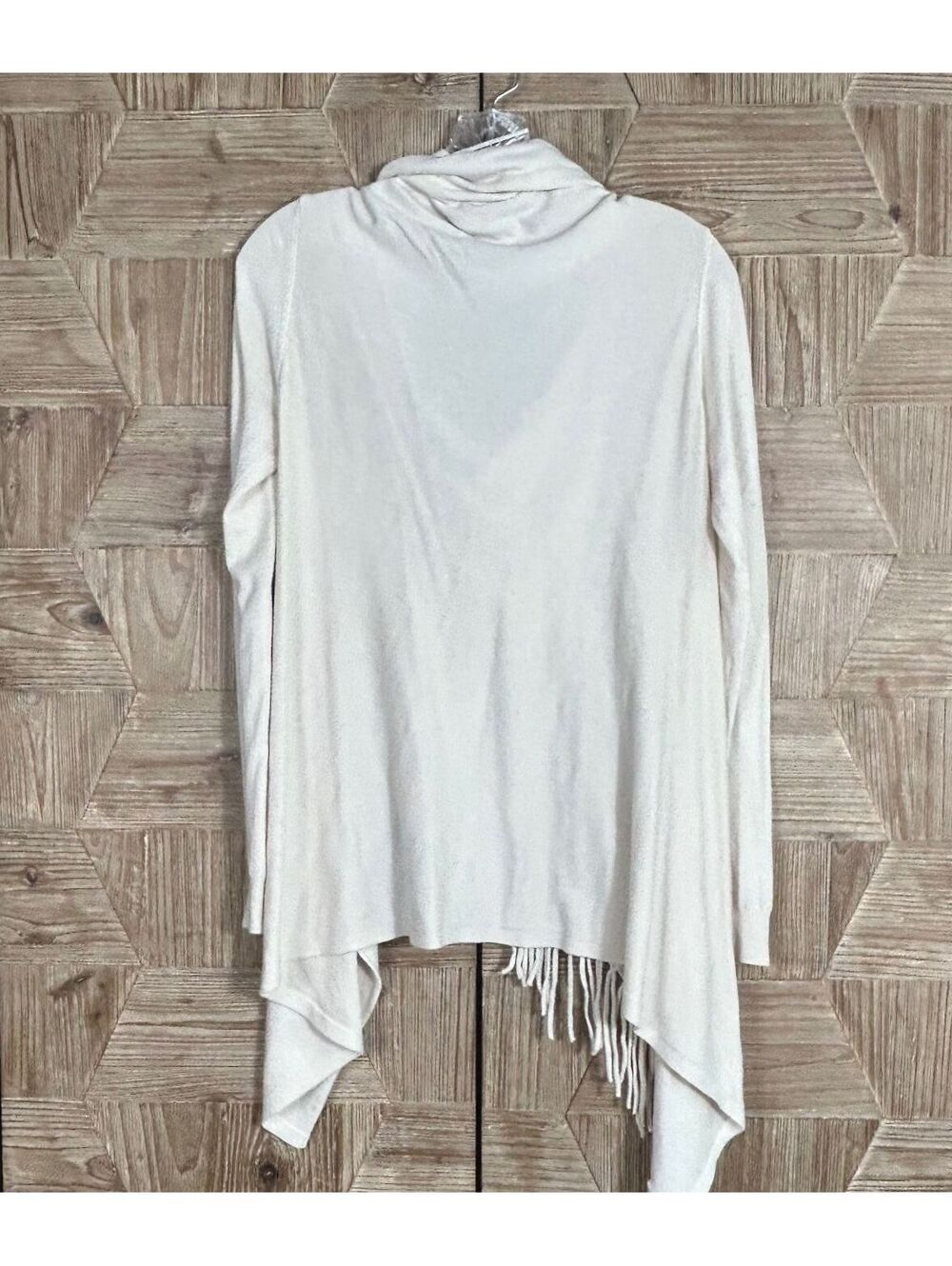 Lovestitch Off White Fringe Asymmetrical Draped Cowl Neck Wrap Cardigan Sweater - Picture 6 of 8